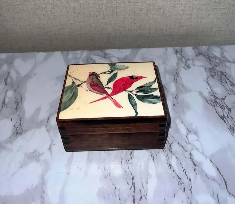 Vintage Reuge Wooden Music Box with Cardinal Tile Lid